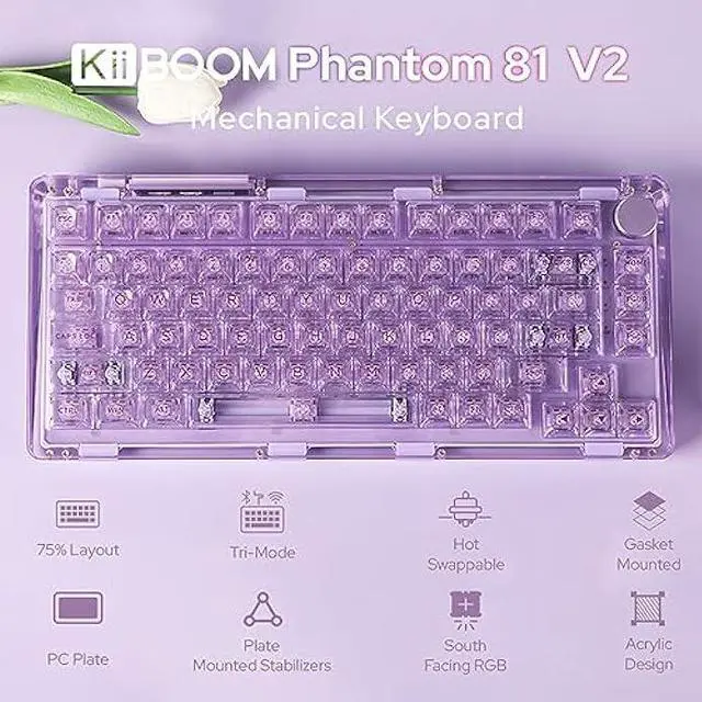Alt view image 2 of 7 - KiiBoom Phantom 81 V2 75% Hot Swappable Upgraded Crystal Gasket-Mounted Mechanical Keyboard, Triple Mode NKRO Gaming Keyboard with South-facing RGB, Clear Keycaps, 4000mAh Battery for Win/Mac (Purple)