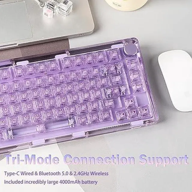 Alt view image 5 of 7 - KiiBoom Phantom 81 V2 75% Hot Swappable Upgraded Crystal Gasket-Mounted Mechanical Keyboard, Triple Mode NKRO Gaming Keyboard with South-facing RGB, Clear Keycaps, 4000mAh Battery for Win/Mac (Purple)