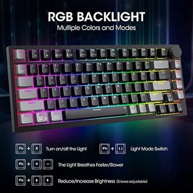 Alt view image 2 of 6 - KOORUI Gaming Keyboards, 82 Keys Mechanical Keyboard 26 RGB Backlit Compatible Bluetooth/2.4Ghz/USB Rechargeable 4000mAh Battery with Blue Switch Gamer Keyboards for Windows MacOS Linux