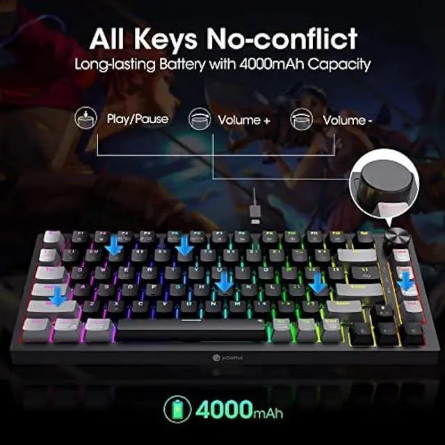 Alt view image 4 of 6 - KOORUI Gaming Keyboards, 82 Keys Mechanical Keyboard 26 RGB Backlit Compatible Bluetooth/2.4Ghz/USB Rechargeable 4000mAh Battery with Blue Switch Gamer Keyboards for Windows MacOS Linux