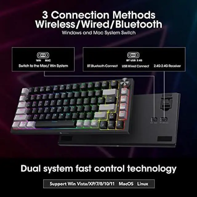 Alt view image 6 of 6 - KOORUI Gaming Keyboards, 82 Keys Mechanical Keyboard 26 RGB Backlit Compatible Bluetooth/2.4Ghz/USB Rechargeable 4000mAh Battery with Blue Switch Gamer Keyboards for Windows MacOS Linux