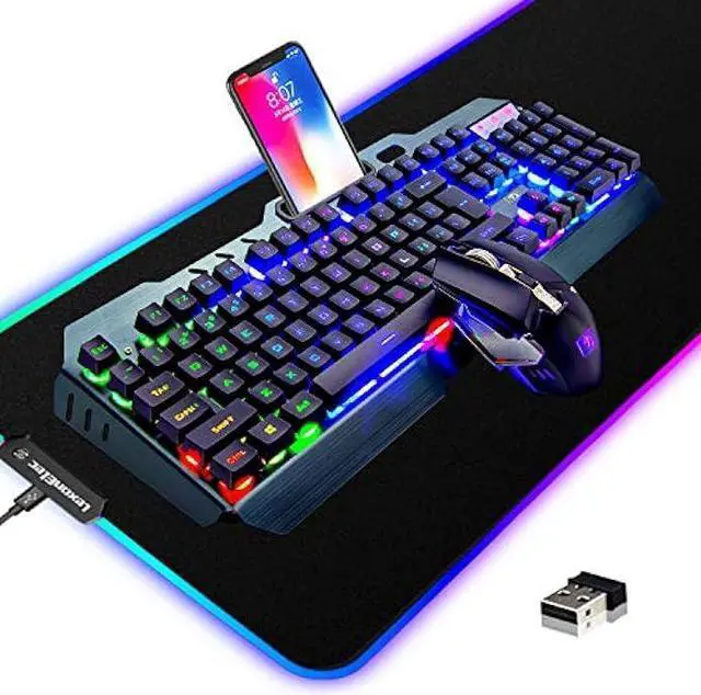 Main image of Wireless Gaming Keyboard and Mouse Combo,3 in 1 Rainbow LED Rechargeable Keyboard Mouse with 3800mAh Battery Metal Panel,10 Colors RGB Gaming Mouse Pad (32.5x12x0.15 inch),7 Colors Mute Gaming Mouse