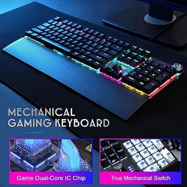 Alt view image 2 of 6 - AULA Mechanical Gaming Keyboard Blue Switches, Rainbow LED Backlit,Ergonomic Wrist Rest,Aluminum Base,Full Size 108 Keys Anti-Ghosting,Macro Programmable Computer Keyboard Wired