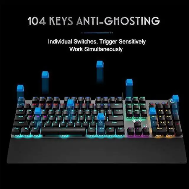 Alt view image 4 of 6 - AULA Mechanical Gaming Keyboard Blue Switches, Rainbow LED Backlit,Ergonomic Wrist Rest,Aluminum Base,Full Size 108 Keys Anti-Ghosting,Macro Programmable Computer Keyboard Wired