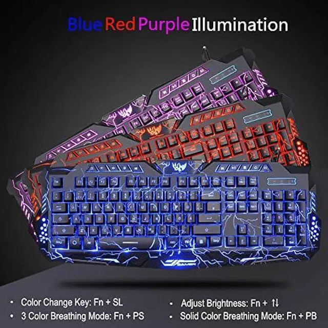 Alt view image 2 of 7 - BlueFinger Gaming Keyboard and Mouse,USB Wired Backlit Gaming Mouse and Keyboard Combo,Letters Glow, 3 Color Crack Backlit,Illumination Keyboard and Mouse Set for Game and Work