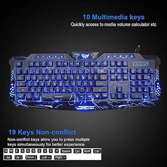 Alt view image 3 of 7 - BlueFinger Gaming Keyboard and Mouse,USB Wired Backlit Gaming Mouse and Keyboard Combo,Letters Glow, 3 Color Crack Backlit,Illumination Keyboard and Mouse Set for Game and Work
