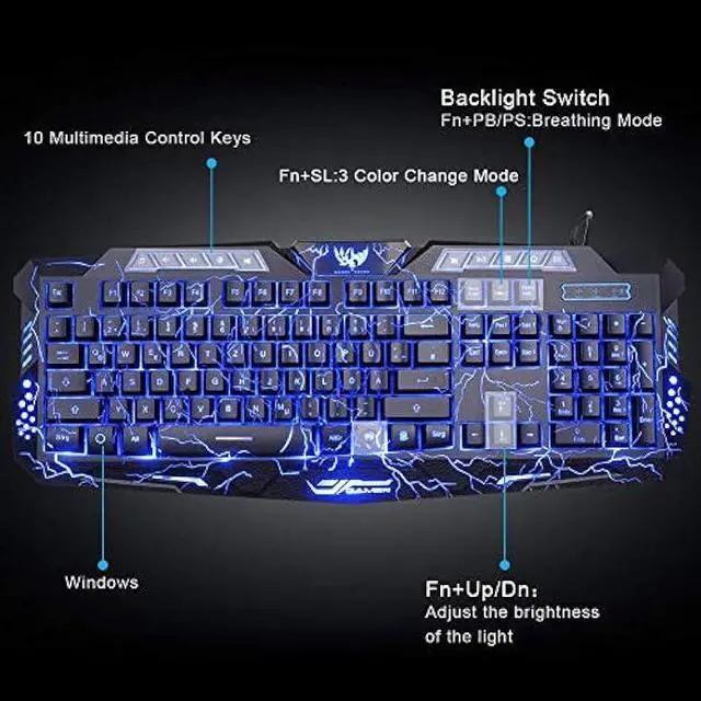 Alt view image 5 of 7 - BlueFinger Gaming Keyboard and Mouse,USB Wired Backlit Gaming Mouse and Keyboard Combo,Letters Glow, 3 Color Crack Backlit,Illumination Keyboard and Mouse Set for Game and Work