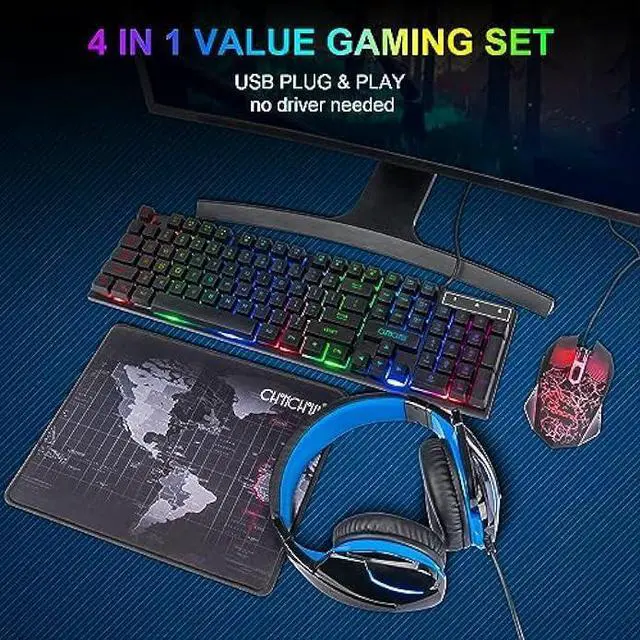 Alt view image 7 of 7 - Gaming LED Keyboard Mouse Headset and Mousepad Bundle, CHONCHOW Wired Rainbow LED Light Up Gaming Keyboard Mouse Headset, Value 4 in 1 Gaming Set for Xbox PS4 PS5 PC Laptop Gamer