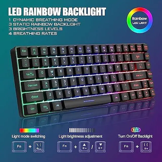 Alt view image 3 of 6 - RedThunder K84 Wireless Keyboard and Mouse Combo, Rainbow LED Backlit Rechargeable Battery, 75% Layout 84 Keys TKL Ultra Compact Gaming Keyboard & Lightweight 7200 DPI Honeycomb Optical Mouse (Black)