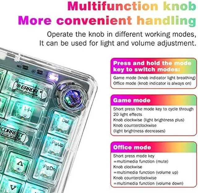 Alt view image 2 of 6 - CC MALL 60% Portable Transparent Gasket Mechanical Gaming Keyboard,RGB Backlit Compact 68 Clear Keycaps,Include 2.4Ghz/Bluetooth/USB-C Connections,Ice Crystal Switch(White)