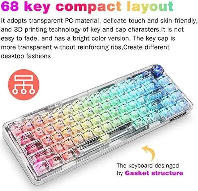 Alt view image 3 of 6 - CC MALL 60% Portable Transparent Gasket Mechanical Gaming Keyboard,RGB Backlit Compact 68 Clear Keycaps,Include 2.4Ghz/Bluetooth/USB-C Connections,Ice Crystal Switch(White)
