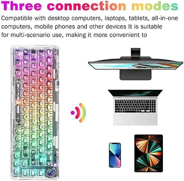 Alt view image 4 of 6 - CC MALL 60% Portable Transparent Gasket Mechanical Gaming Keyboard,RGB Backlit Compact 68 Clear Keycaps,Include 2.4Ghz/Bluetooth/USB-C Connections,Ice Crystal Switch(White)
