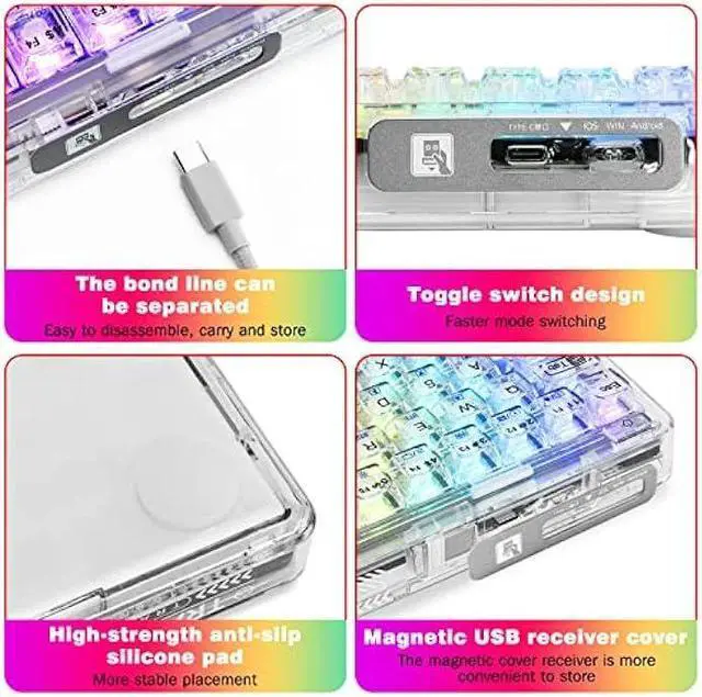 Alt view image 6 of 6 - CC MALL 60% Portable Transparent Gasket Mechanical Gaming Keyboard,RGB Backlit Compact 68 Clear Keycaps,Include 2.4Ghz/Bluetooth/USB-C Connections,Ice Crystal Switch(White)