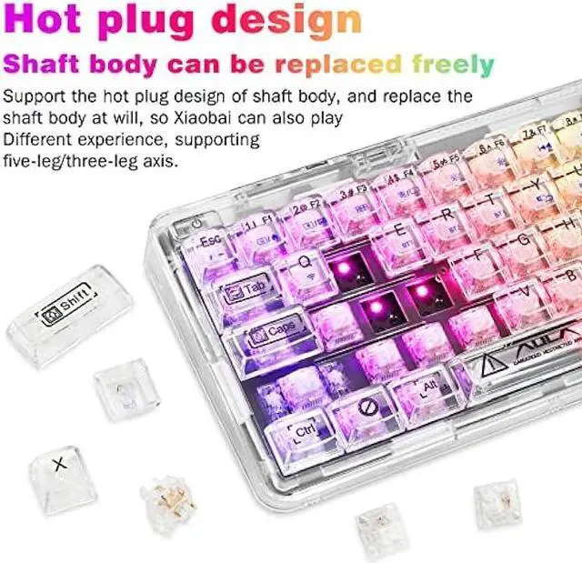 Alt view image 5 of 6 - CC MALL 60% Portable Transparent Gasket Mechanical Gaming Keyboard,RGB Backlit Compact 68 Clear Keycaps,Include 2.4Ghz/Bluetooth/USB-C Connections,Ice Crystal Switch(White)