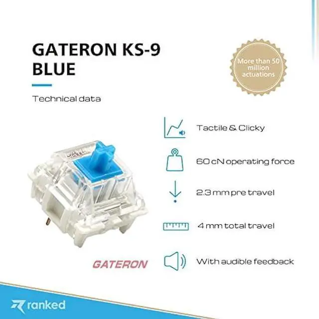 Alt view image 2 of 7 - Ranked Gateron ks-9 Key Switches for Mechanical Gaming Keyboards | Plate Mounted (Gateron Blue, 65 Pcs)