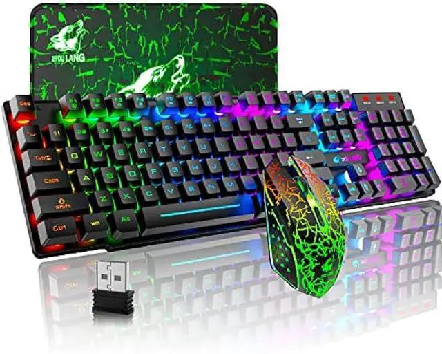 Main image of Wireless Gaming Keyboard and Mouse Combo Rainbow Backlight Quiet Ergonomic Mechanical Feeling Anti-ghosting Keyboard Mouse with Rechargeable 4000mAh Battery Mouse Pad for Computer Mac Gamer