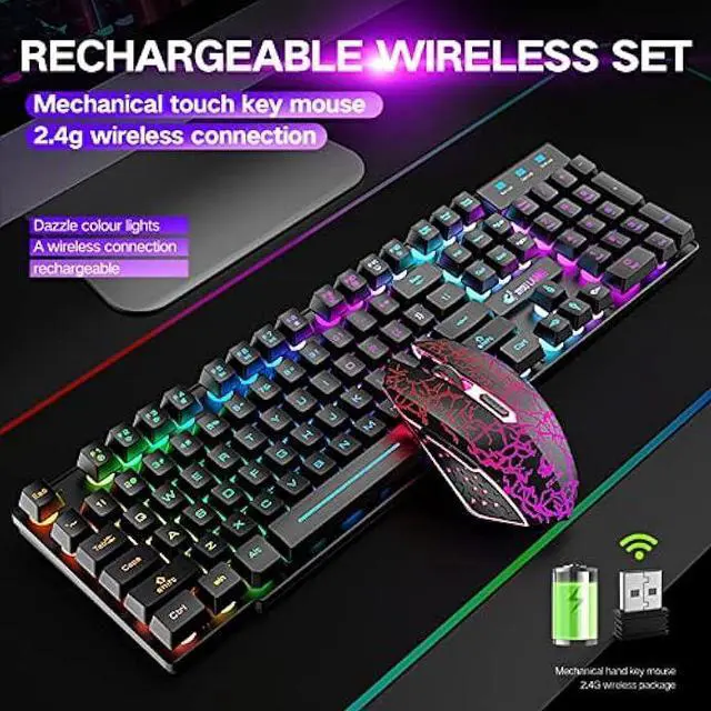 Alt view image 2 of 6 - Wireless Gaming Keyboard and Mouse Combo Rainbow Backlight Quiet Ergonomic Mechanical Feeling Anti-ghosting Keyboard Mouse with Rechargeable 4000mAh Battery Mouse Pad for Computer Mac Gamer