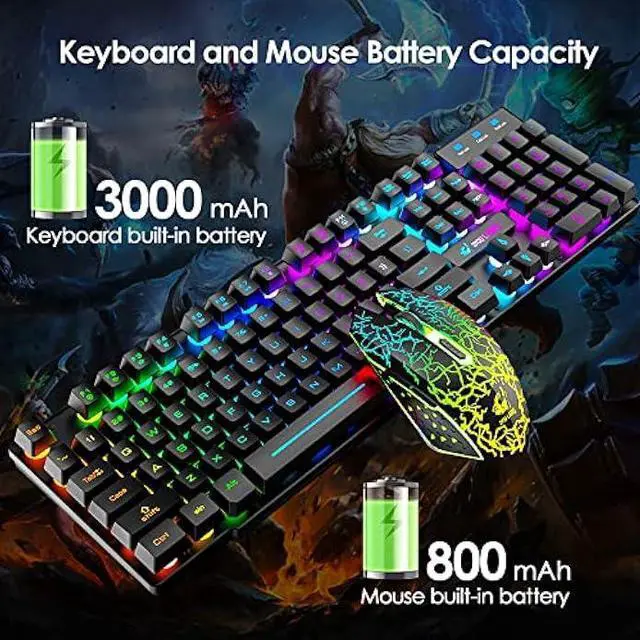 Alt view image 5 of 6 - Wireless Gaming Keyboard and Mouse Combo Rainbow Backlight Quiet Ergonomic Mechanical Feeling Anti-ghosting Keyboard Mouse with Rechargeable 4000mAh Battery Mouse Pad for Computer Mac Gamer