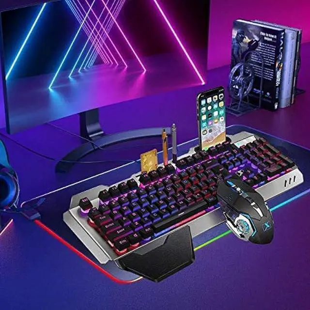 Alt view image 2 of 6 - FELiCON Wired Game Keyboard and Mouse Combo, RGB LED Backlit Mechanical Feel Keyboard with Hand Rest Phone Holder,and 6 Button 3200 DPI Mice and Large RGB Mouse Pad for Computer Gamer Office