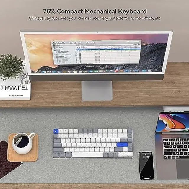 Alt view image 3 of 7 - AUSDOM Wireless Bluetooth 75% Mechanical Keyboard: Compact Multi-Device Rechargeable Backlit Gaming Keyboard with 84-Key Layout, White Backlight, Low Profile Brown Switches for Windows/Mac/PC/Laptop