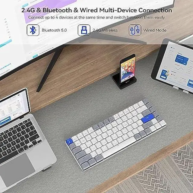 Alt view image 2 of 7 - AUSDOM Wireless Bluetooth 75% Mechanical Keyboard: Compact Multi-Device Rechargeable Backlit Gaming Keyboard with 84-Key Layout, White Backlight, Low Profile Brown Switches for Windows/Mac/PC/Laptop