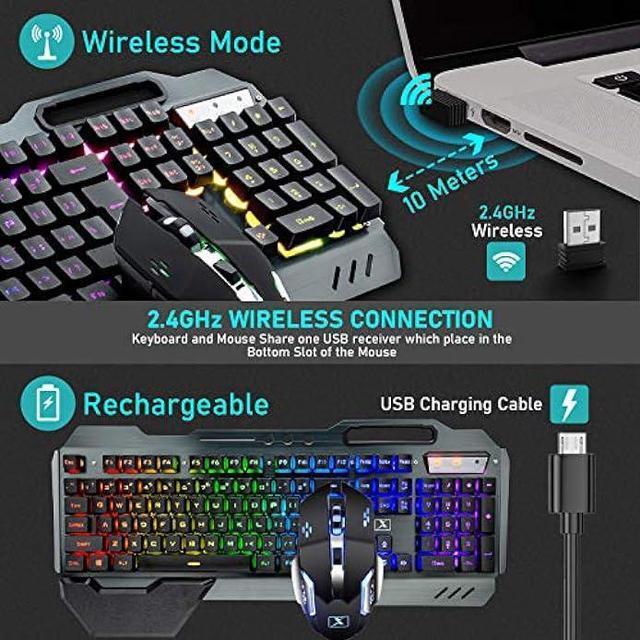 Alt view image 5 of 7 - Wireless Gaming Keyboard and Mouse with Rainbow LED 16RGB Backlit Rechargeable 4800mAh Battery Metal Panel Mechanical Ergonomic Feel Waterproof Dustproof 7 Color Mute Mice for Laptop PC Gamer(Black)