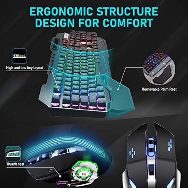 Alt view image 7 of 7 - Wireless Gaming Keyboard and Mouse with Rainbow LED 16RGB Backlit Rechargeable 4800mAh Battery Metal Panel Mechanical Ergonomic Feel Waterproof Dustproof 7 Color Mute Mice for Laptop PC Gamer(Black)