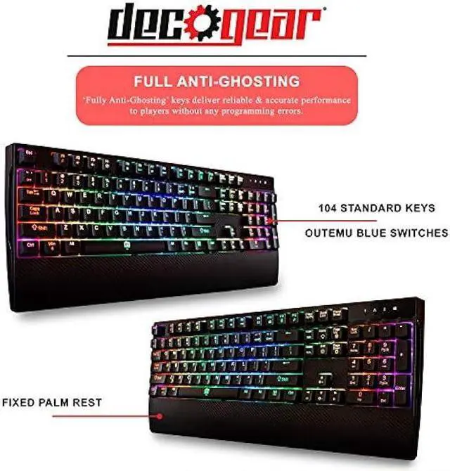 Alt view image 5 of 6 - Deco Gear Mechanical Gaming Keyboard, Anti-Ghosting, Ergonomic Fixed Palm Rest, Full Customizable RGB Backlit, Carbon Fiber Design, Outemu Blue Switch, Wired, Black