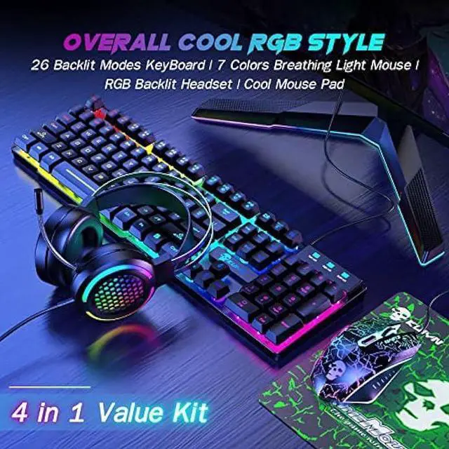 Alt view image 2 of 4 - Wired Gaming Keyboard and Mouse Combo with Gaming Mouse Pad and Headset,4 in 1 Gaming Set 100% Full Size LED RGB Light up Ergonomic Gaming Bundle for Teclado Gamer/Computer PC Game/PS4/PS5/XBox Black