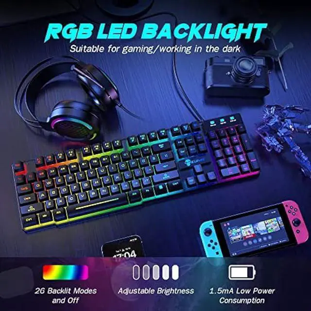 Alt view image 3 of 4 - Wired Gaming Keyboard and Mouse Combo with Gaming Mouse Pad and Headset,4 in 1 Gaming Set 100% Full Size LED RGB Light up Ergonomic Gaming Bundle for Teclado Gamer/Computer PC Game/PS4/PS5/XBox Black