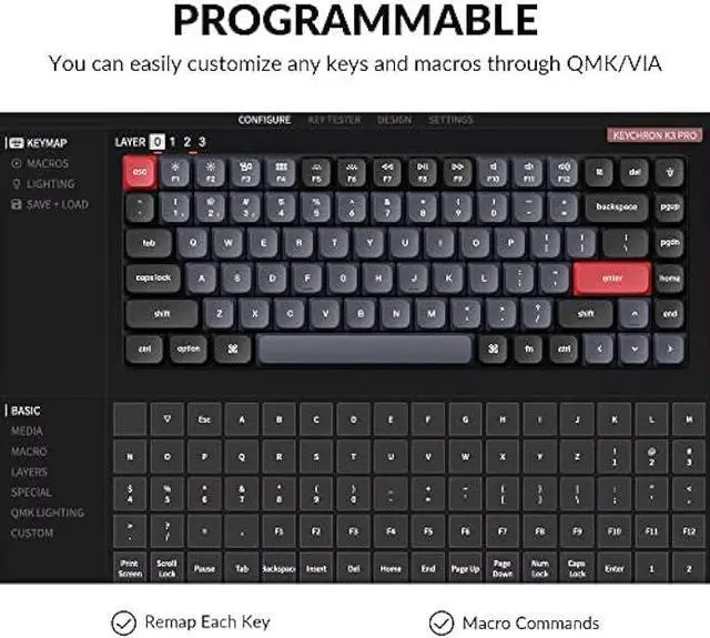 Alt view image 4 of 6 - Keychron K3 Pro Wireless Custom Mechanical Keyboard, 75% Layout QMK/VIA Programmable Bluetooth/Wired RGB Ultra-Slim with Hot-swappable Gateron Low-Profile Red Compatible with Mac Windows Linux