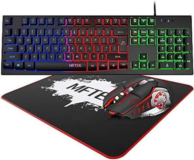 Rainbow Gaming Keyboard and Mouse Combo, MFTEK Wired RGB Backlit Gaming  Keyboard and 4 Color Lighted Gaming Mouse Set with Mouse Pad for Computer  PC Gamer Laptop Work 