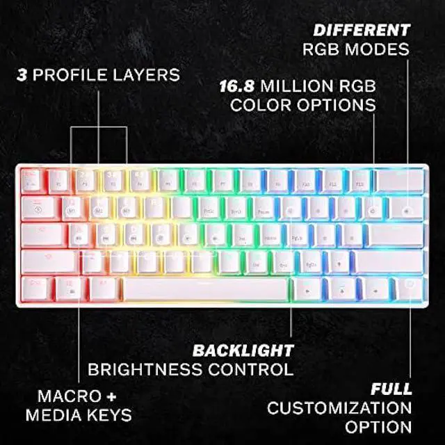 Alt view image 2 of 6 - HK GAMING GK61s Mechanical Gaming Keyboard - 61 Keys Multi Color RGB Illuminated LED Backlit Wired Programmable for PC/Mac Gamer (Gateron Mechanical Brown, White)
