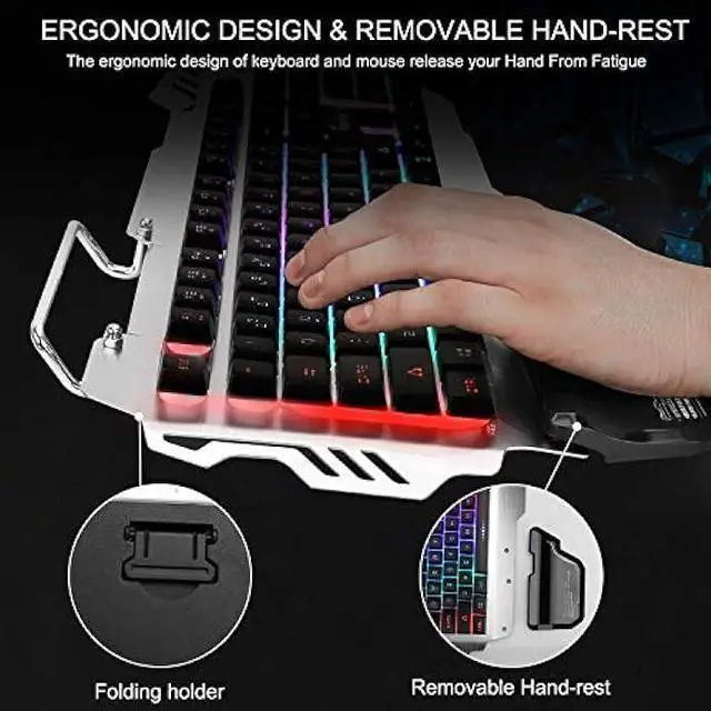 Alt view image 3 of 7 - FENIFOX Gaming Keyboard and Mouse, Wired Backlit Rainbow Ergonomic Mechanical Feeling Led Removable Hand Rest Metal Panel,for Windows PC Gamer PS4 Xbox one