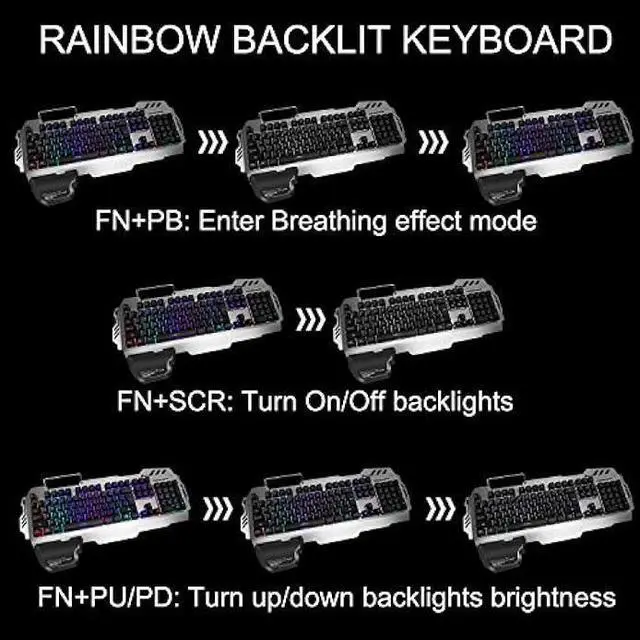 Alt view image 5 of 7 - FENIFOX Gaming Keyboard and Mouse, Wired Backlit Rainbow Ergonomic Mechanical Feeling Led Removable Hand Rest Metal Panel,for Windows PC Gamer PS4 Xbox one