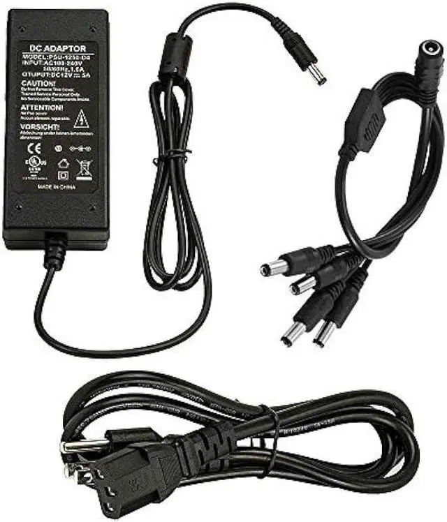 Main image of InstallerCCTV 12V 5A Power Adapter & 4-Way Splitter Pigtail Cable, 3 Prong Power Cord, UL Listed, Fits DVR NVR AHD TVI CCTV Security Surveillance Camera System, LED Strip Lights