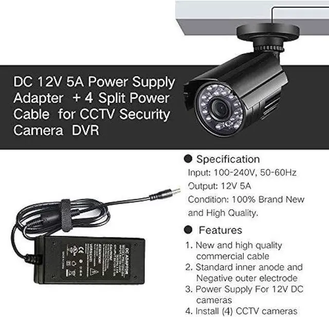 Alt view image 4 of 6 - InstallerCCTV 12V 5A Power Adapter & 4-Way Splitter Pigtail Cable, 3 Prong Power Cord, UL Listed, Fits DVR NVR AHD TVI CCTV Security Surveillance Camera System, LED Strip Lights