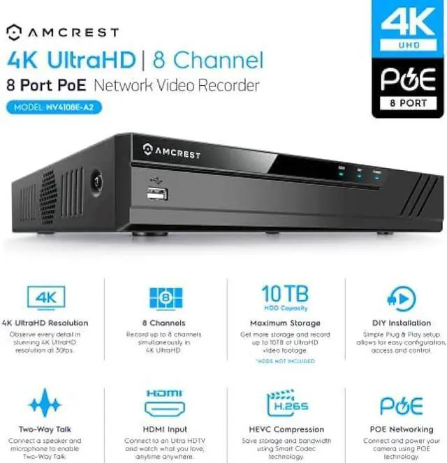 Alt view image 2 of 6 - Amcrest NV4108E-A2 4K 8CH POE NVR (1080p/3MP/4MP/5MP/8MP) POE Network Video Recorder - Supports up to 8 x 8MP/4K IP Cameras, 8-Channel Power Over Ethernet Supports up to 10TB HDD (Not Included)