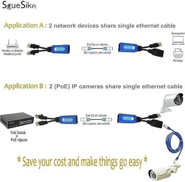 Alt view image 4 of 6 - 4 Pair PoE Ethernet Splitter, RJ45 Cable Sharing Kits, 2-in-1 Cat5 Combiner for 8 Security IP Cameras NVR Surveillance System
