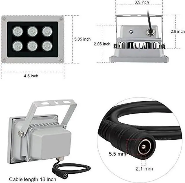 Alt view image 5 of 5 - Infrared Illuminator, 850nm 6 LEDs 130 Feet 60 Degree Wide Angle IR Illuminator for Night Vision,Waterproof LED Infrared Light for CCTV Camera, Security Camera, No Power Adapter