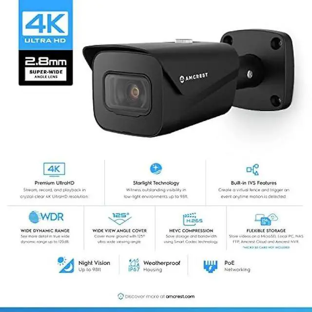 Alt view image 2 of 7 - Amcrest 2-Pack UltraHD 4K (8MP) Bullet POE IP Camera, 3840x2160, 98ft NightVision, 2.8mm Lens, IP67 Weatherproof, 105° FOV, Supports up to 256GB MicroSD Recording, Black (2PACK-IP8M-2496EB-V2)