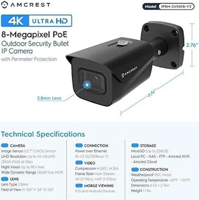 Alt view image 6 of 7 - Amcrest 2-Pack UltraHD 4K (8MP) Bullet POE IP Camera, 3840x2160, 98ft NightVision, 2.8mm Lens, IP67 Weatherproof, 105° FOV, Supports up to 256GB MicroSD Recording, Black (2PACK-IP8M-2496EB-V2)