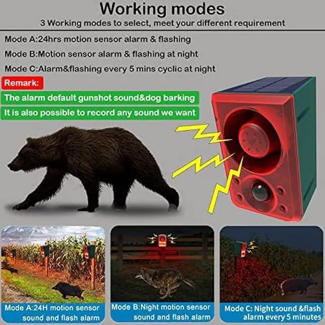 Alt view image 4 of 6 - Solar Outdoor Motion Sensor Alarm - Dog Barking & Gunshot Sound 130db Motion Detector Alarm Light,with Remote Controller for Home, Villa,Yard,Chicken coop,Farm,Barn