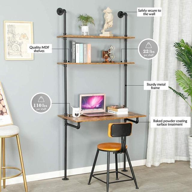 Alt view image 4 of 6 - ZIOTHUM Wall Mount Desk, Ladder Desk, Shelf Desk, Industrial Desk, Wall Table, Computer Laptop Desk with Shelves, Industrial Bookcase Desk Wall Mount Floating Pipe Table with Storage (36x20x81)