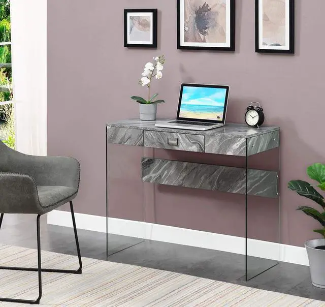 Alt view image 2 of 7 - Convenience Concepts SoHo 1 Drawer Glass 36 inch Desk, Gray Faux Marble/Glass