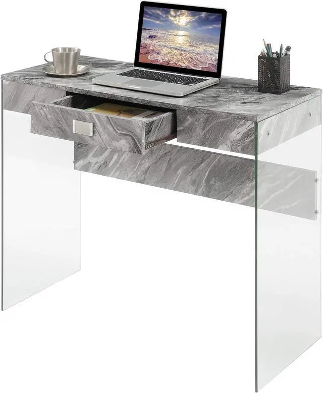 Alt view image 5 of 7 - Convenience Concepts SoHo 1 Drawer Glass 36 inch Desk, Gray Faux Marble/Glass