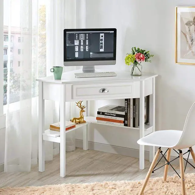 Alt view image 2 of 7 - Topeakmart Home Office Writing Computer Desk with Shelves and Drawers, Corner Desk Laptop PC Table Working Station for Home Workers, White