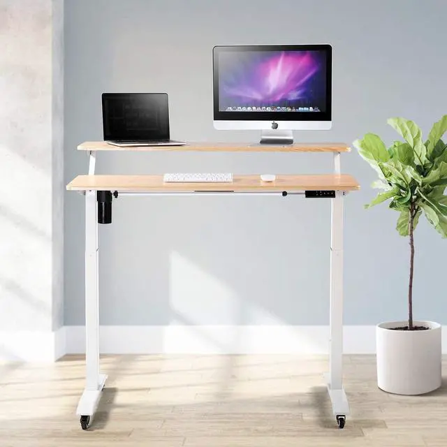 Alt view image 2 of 7 - UNICOO - 2 Tier Electric Height Adjustable Standing Desk, Electric Standing Workstation Home Office Sit Stand Up Desk (Light Oak Top/White Legs - Electric- 2 Tier)