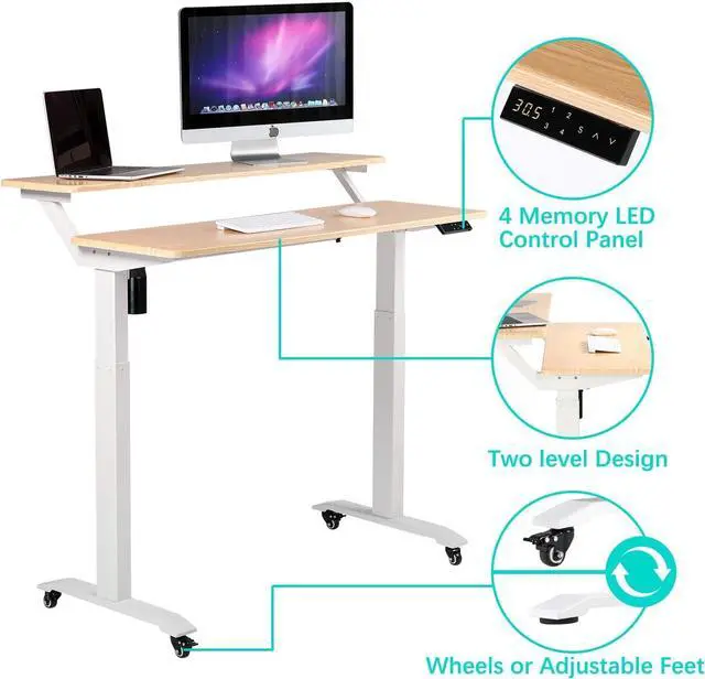 Alt view image 5 of 7 - UNICOO - 2 Tier Electric Height Adjustable Standing Desk, Electric Standing Workstation Home Office Sit Stand Up Desk (Light Oak Top/White Legs - Electric- 2 Tier)