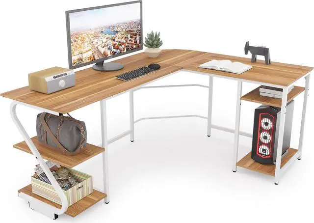 Main image of L Shaped Desk Reversible, Corner Computer L Desk with Storage Shelves, Modern Gaming Desk Workstation for Home Office, Walnut